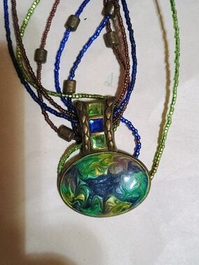 Vintage Beaded Chico's Blue, Green & Brown Multistrand Beaded Necklace